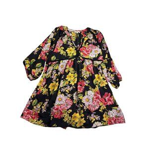 Umgee Womens Floral Print A-Line Babydoll Mini Dress Size S Black Multicolor